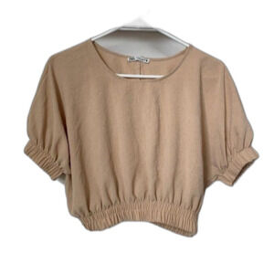 NWT Zara tan satin crop top with cinched waist short sleeves size S